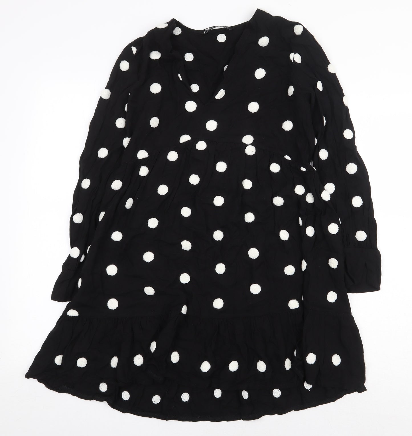 Zara Womens Black Polka Dot Viscose A-Line Size XS V-Neck Pullover