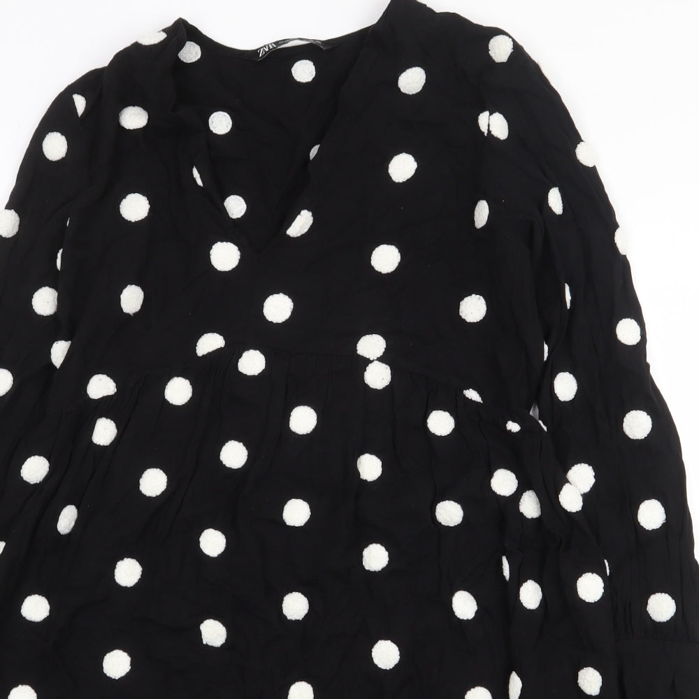 Zara Womens Black Polka Dot Viscose A-Line Size XS V-Neck Pullover