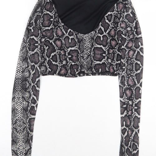 PRETTYLITTLETHING Womens Grey Animal Print Polyester Cropped Blouse Size 12 Scoop Neck - Snakeskin Pattern