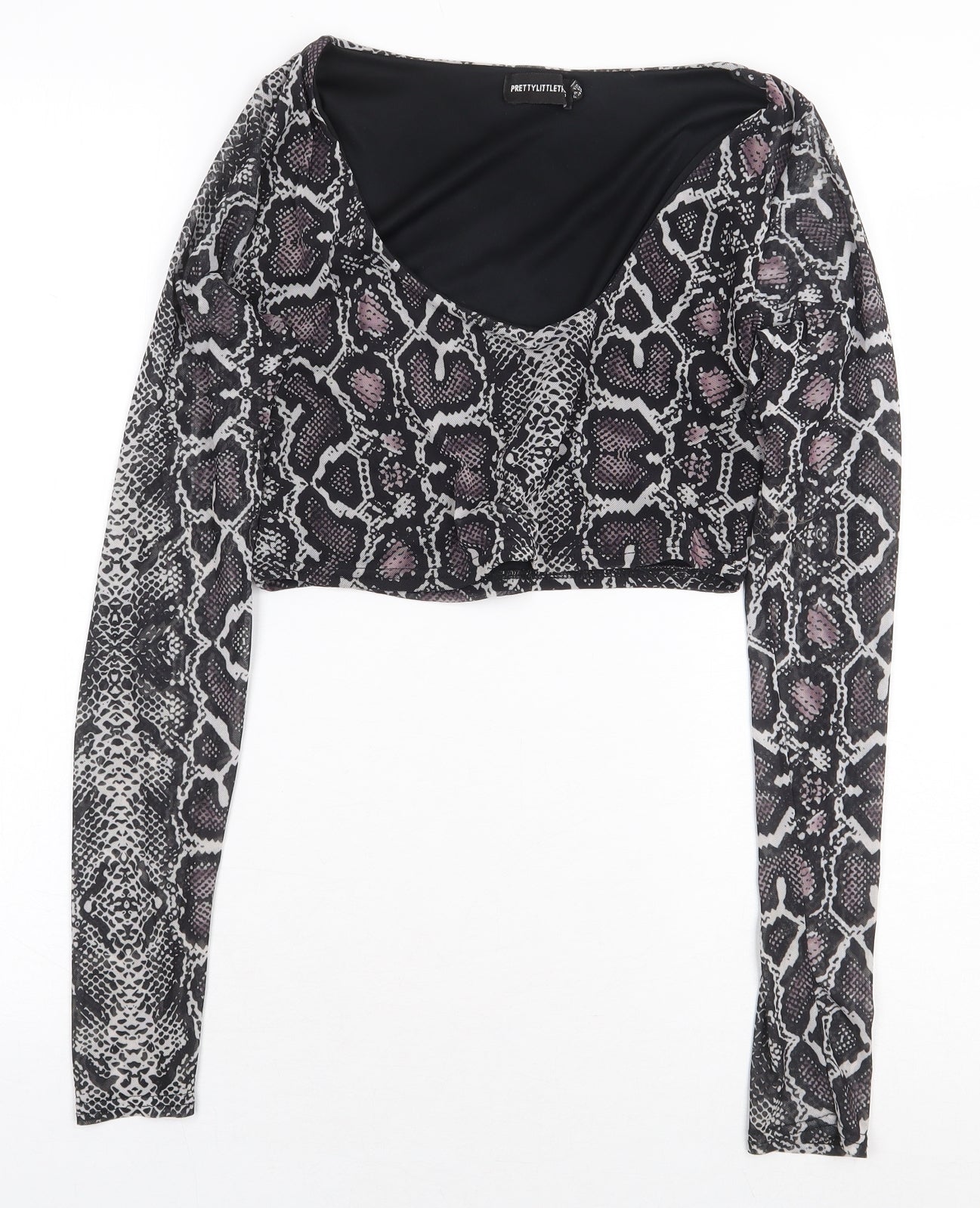 PRETTYLITTLETHING Womens Grey Animal Print Polyester Cropped Blouse Size 12 Scoop Neck - Snakeskin Pattern
