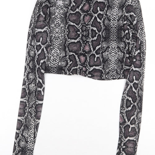 PRETTYLITTLETHING Womens Grey Animal Print Polyester Cropped Blouse Size 12 Scoop Neck - Snakeskin Pattern