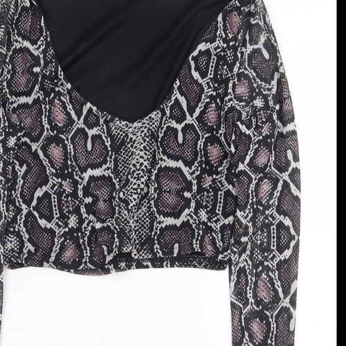 PRETTYLITTLETHING Womens Grey Animal Print Polyester Cropped Blouse Size 12 Scoop Neck - Snakeskin Pattern