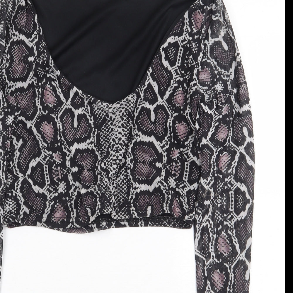 PRETTYLITTLETHING Womens Grey Animal Print Polyester Cropped Blouse Size 12 Scoop Neck - Snakeskin Pattern