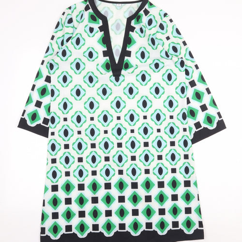 Preworn Womens Green Geometric Polyester Shift Size M V-Neck Pullover
