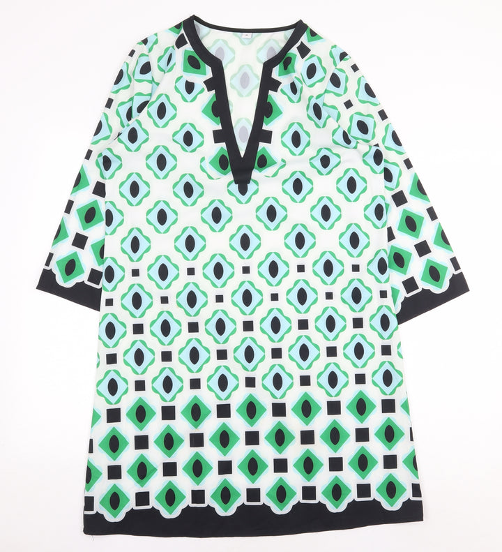 Preworn Womens Green Geometric Polyester Shift Size M V-Neck Pullover