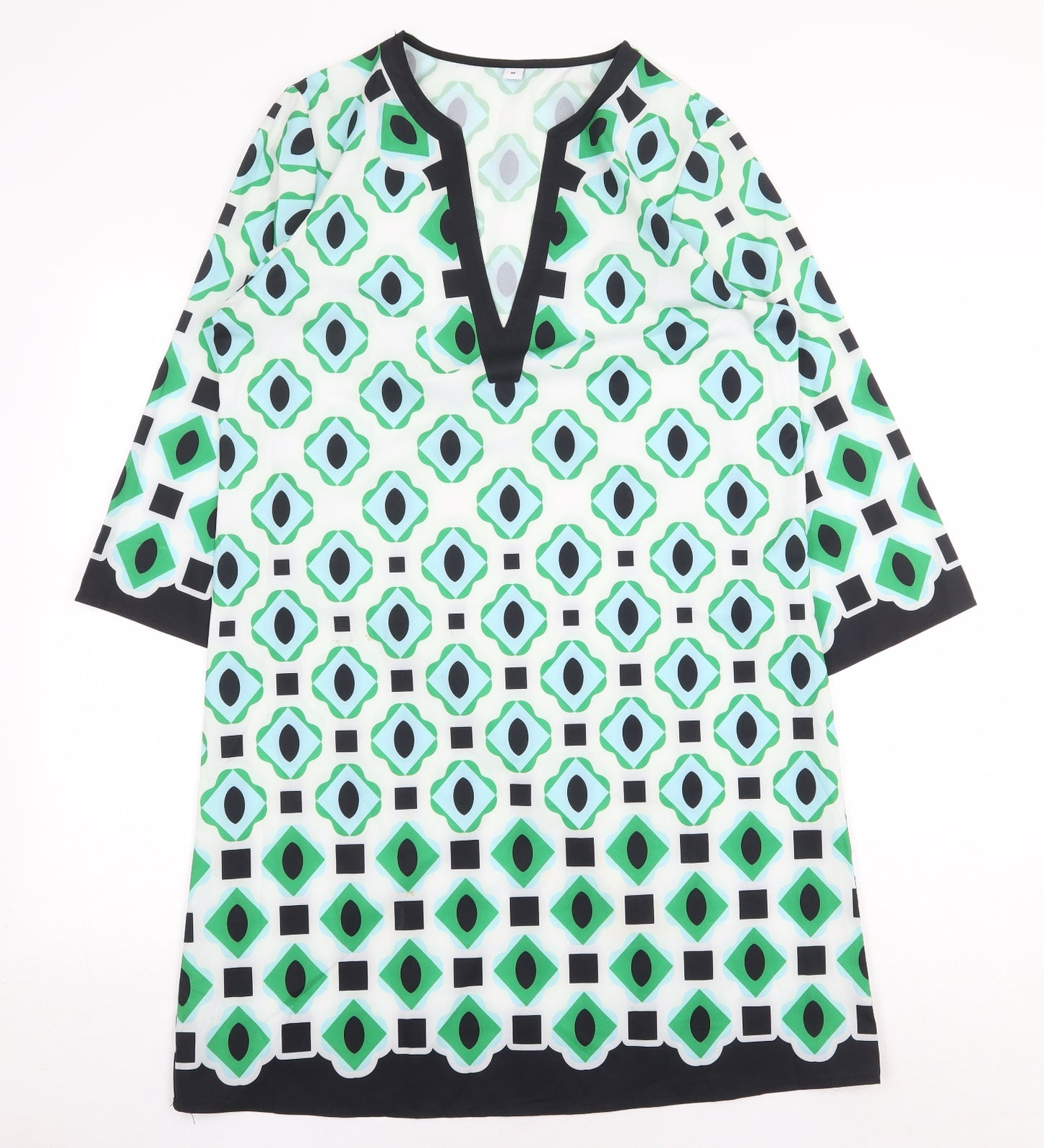 Preworn Womens Green Geometric Polyester Shift Size M V-Neck Pullover