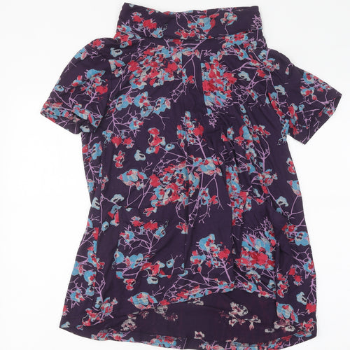 Tara Womens Purple Floral Polyester Basic T-Shirt Size S Roll Neck