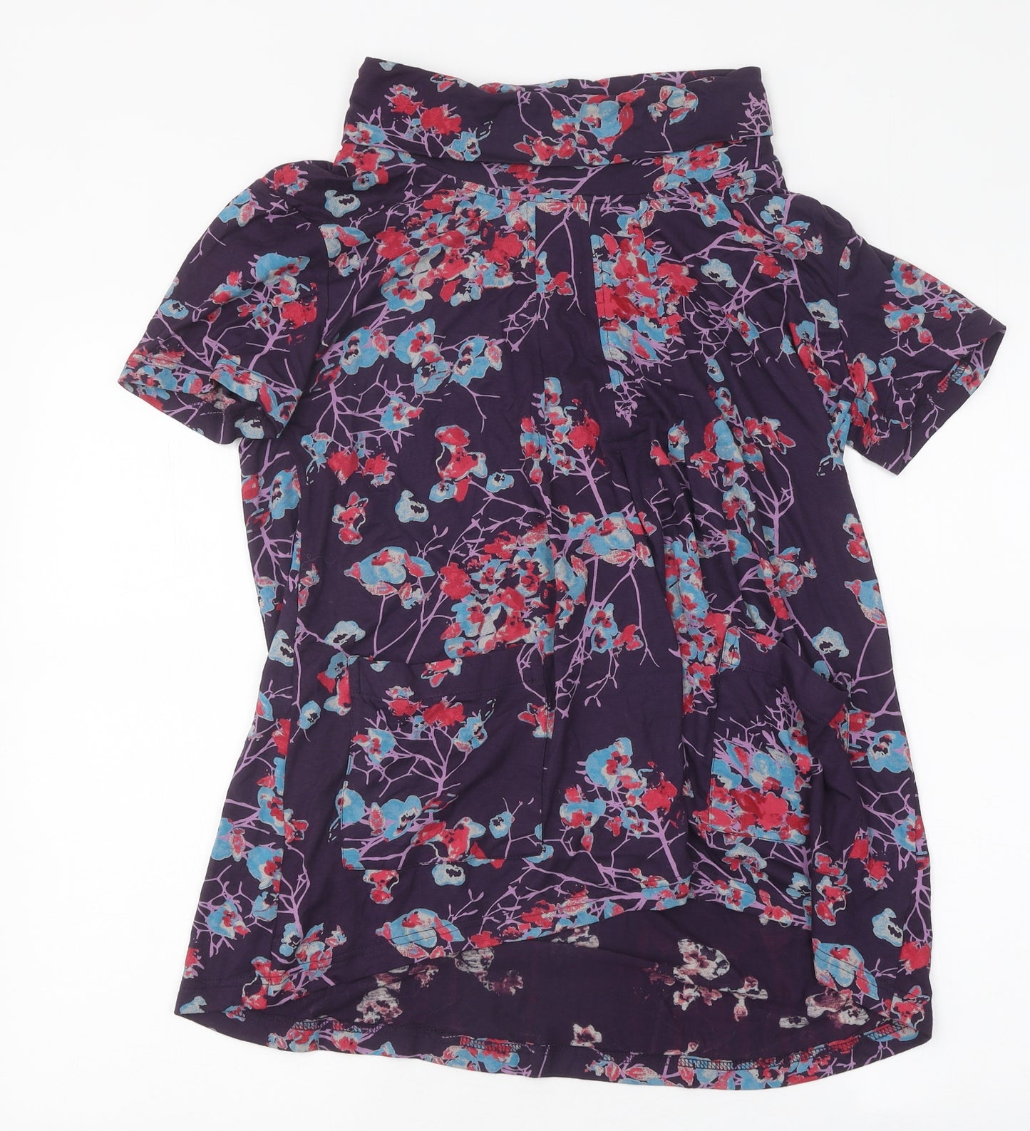 Tara Womens Purple Floral Polyester Basic T-Shirt Size S Roll Neck