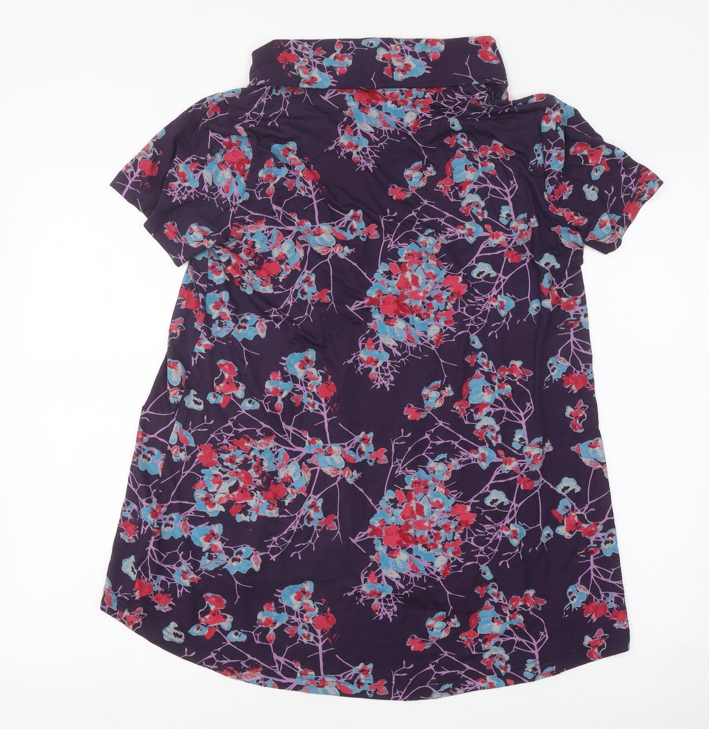 Tara Womens Purple Floral Polyester Basic T-Shirt Size S Roll Neck