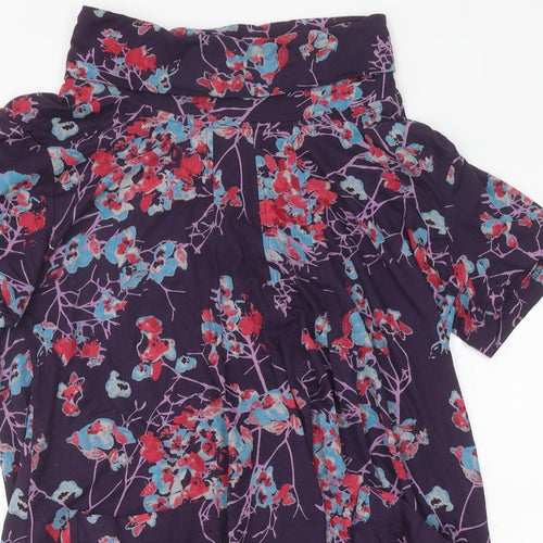 Tara Womens Purple Floral Polyester Basic T-Shirt Size S Roll Neck