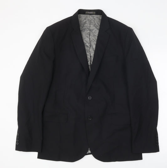 Front view of Simon Jersey men’s black polyester jacket suit jacket, size 42