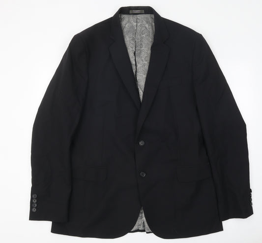 Front view of Simon Jersey men’s black polyester jacket suit jacket, size 42