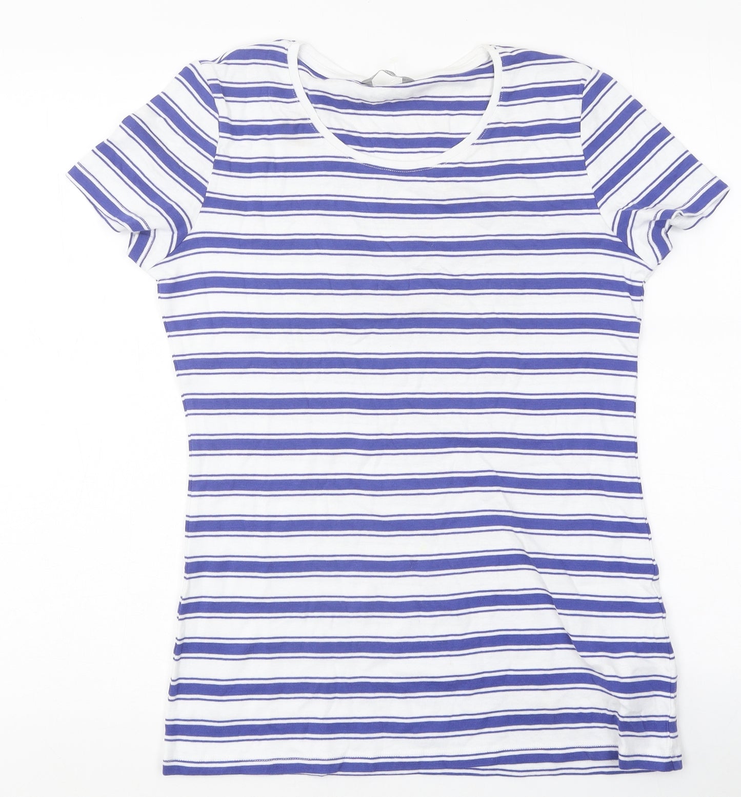 Marks and Spencer Womens Blue Striped Polyester Basic T-Shirt Size 14 Round Neck