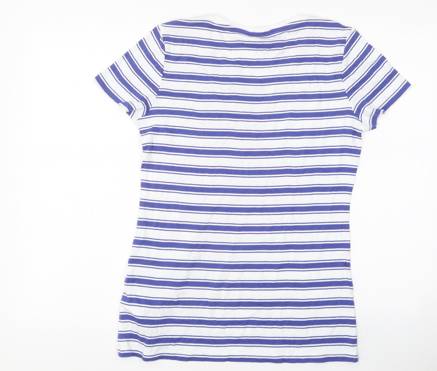 Marks and Spencer Womens Blue Striped Polyester Basic T-Shirt Size 14 Round Neck