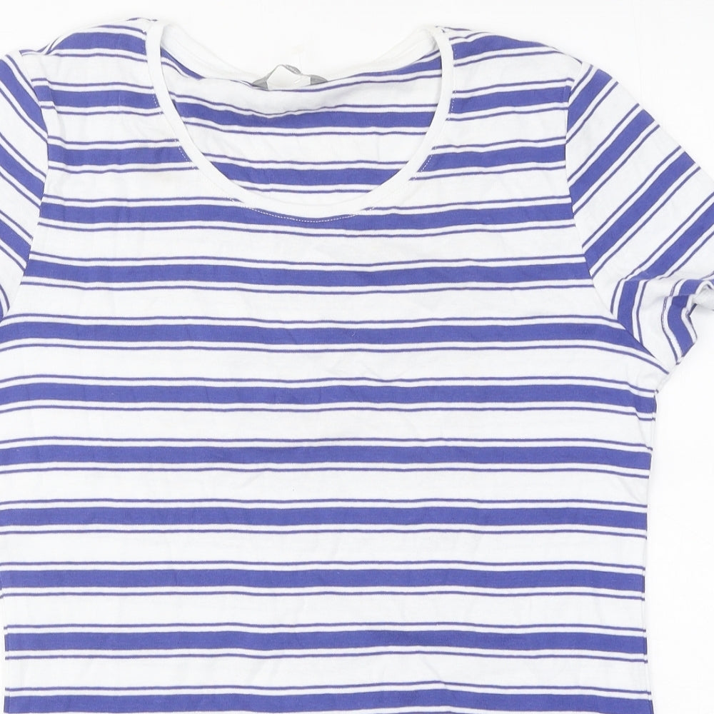 Marks and Spencer Womens Blue Striped Polyester Basic T-Shirt Size 14 Round Neck