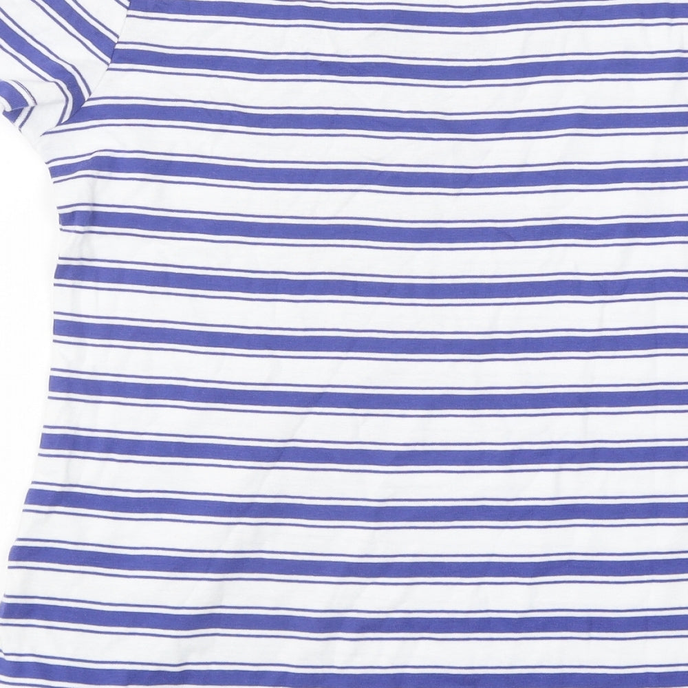 Marks and Spencer Womens Blue Striped Polyester Basic T-Shirt Size 14 Round Neck