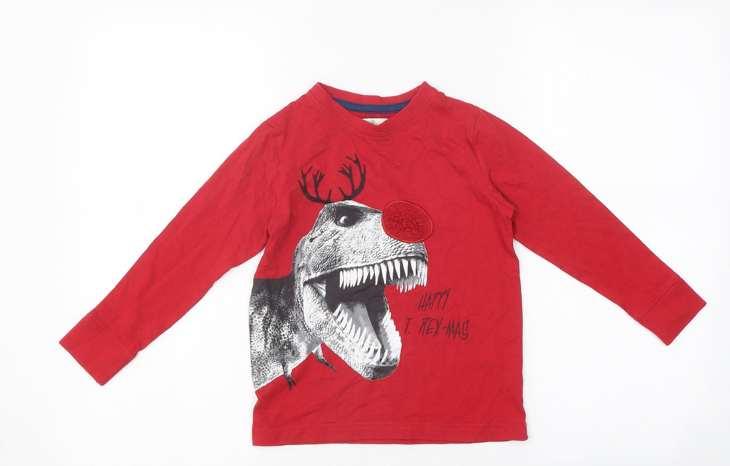 Mini Boden Boys Red 100% Cotton Basic T-Shirt Size 4-5 Years Round Neck Pullover - Christmas Dinosaur