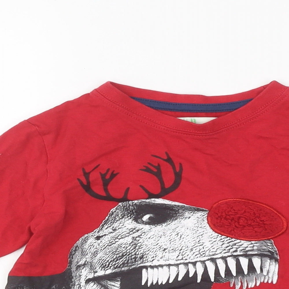 Mini Boden Boys Red 100% Cotton Basic T-Shirt Size 4-5 Years Round Neck Pullover - Christmas Dinosaur