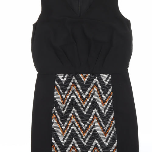 Warehouse Womens Black Geometric Polyester Shift Size 12 V-Neck Zip