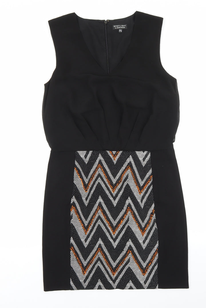 Warehouse Womens Black Geometric Polyester Shift Size 12 V-Neck Zip