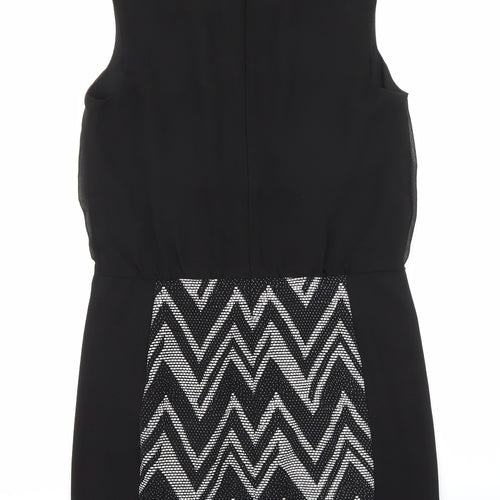 Warehouse Womens Black Geometric Polyester Shift Size 12 V-Neck Zip