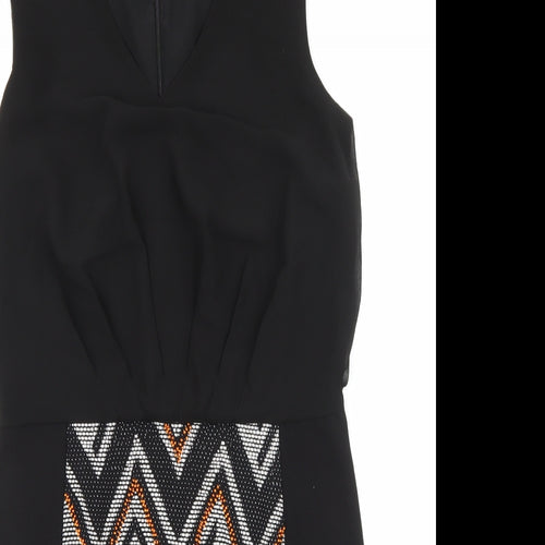 Warehouse Womens Black Geometric Polyester Shift Size 12 V-Neck Zip