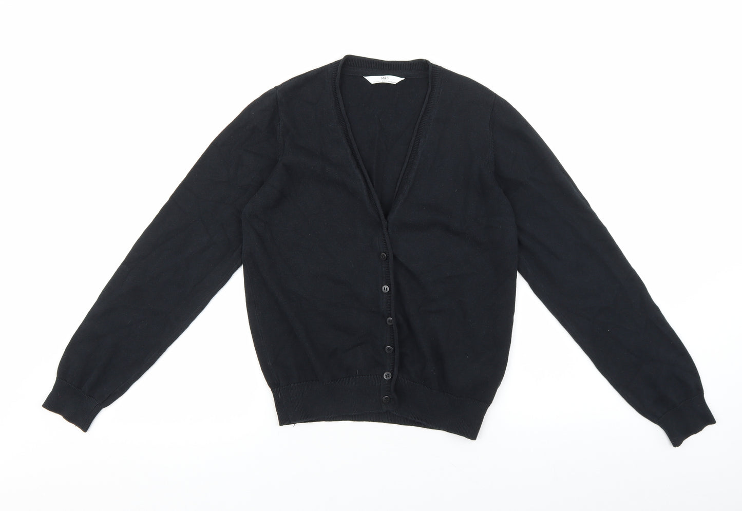 Marks and Spencer Girls Black V-Neck 100% Cotton Cardigan Jumper Size 12-13 Years Button
