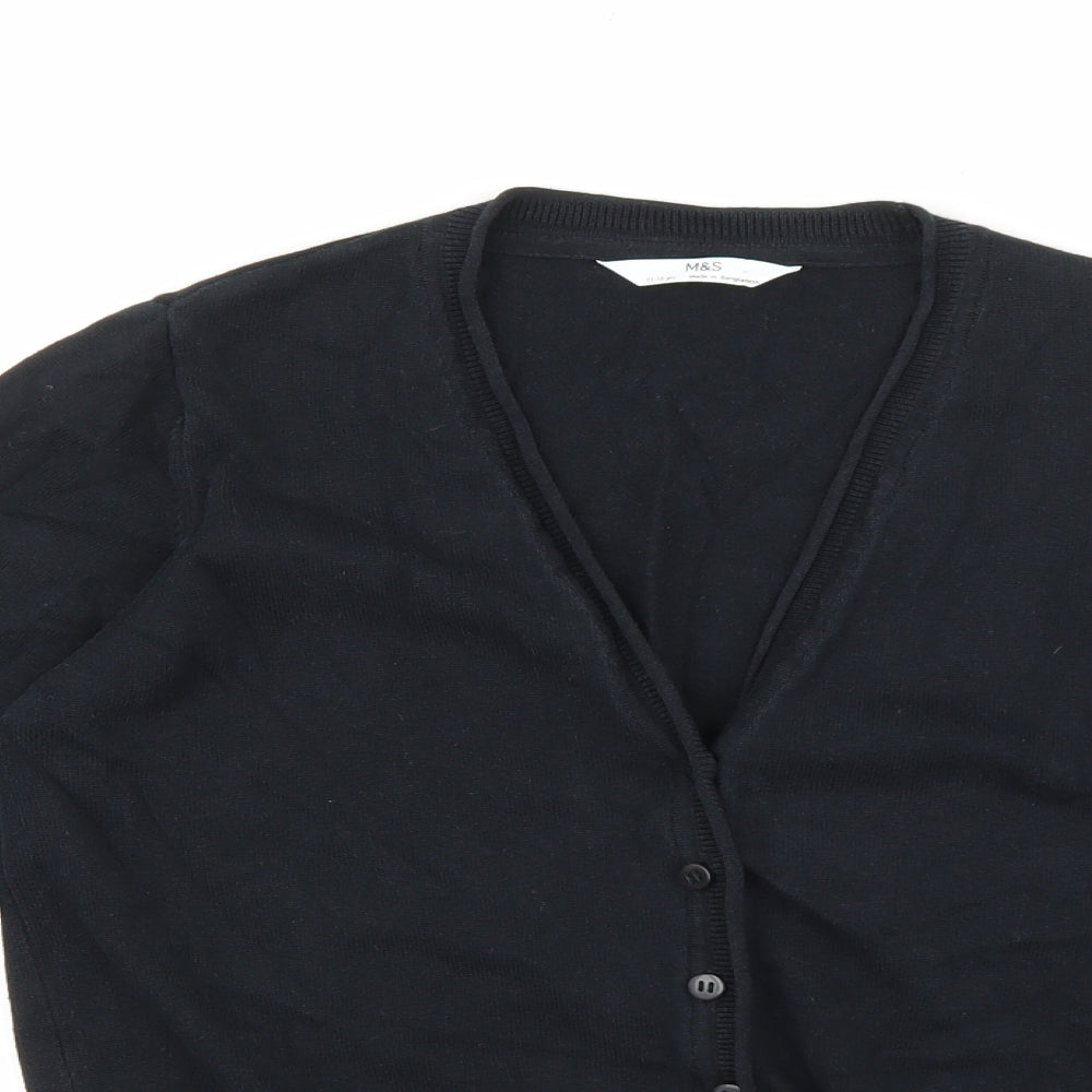 Marks and Spencer Girls Black V-Neck 100% Cotton Cardigan Jumper Size 12-13 Years Button