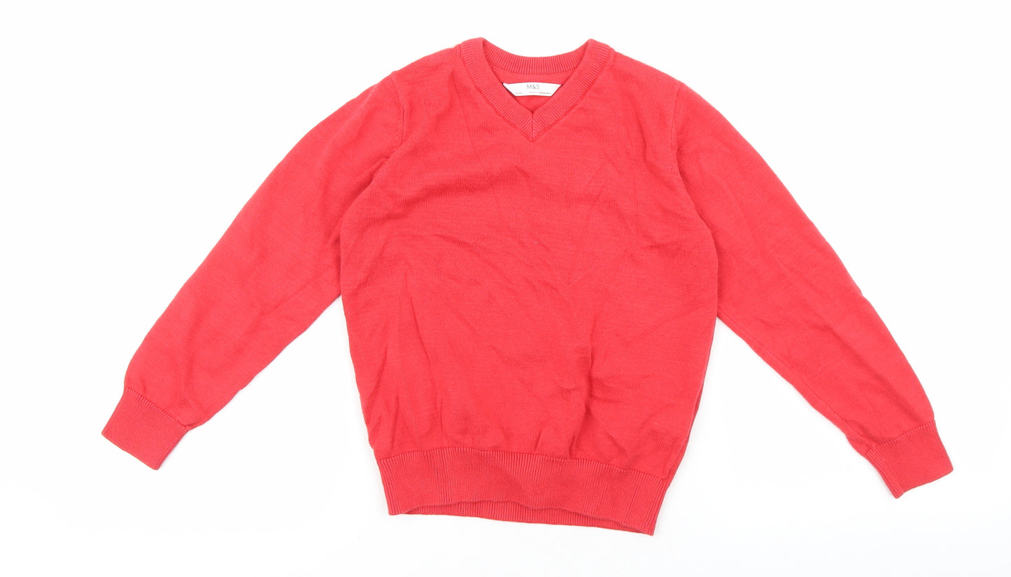 Marks and Spencer Girls Red V-Neck 100% Cotton Pullover Jumper Size 5-6 Years Pullover