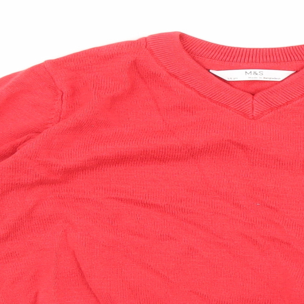 Marks and Spencer Girls Red V-Neck 100% Cotton Pullover Jumper Size 5-6 Years Pullover