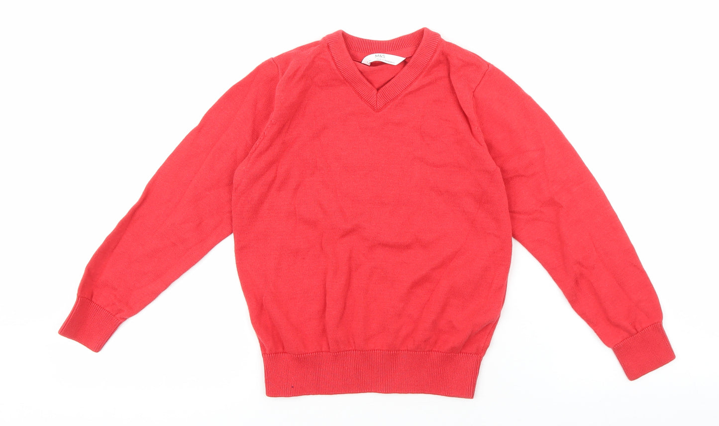 Marks and Spencer Girls Red V-Neck 100% Cotton Pullover Jumper Size 5-6 Years Pullover