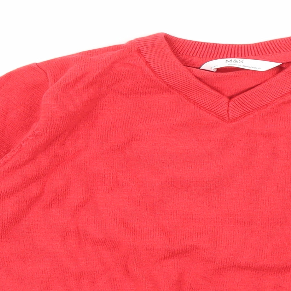 Marks and Spencer Girls Red V-Neck 100% Cotton Pullover Jumper Size 5-6 Years Pullover