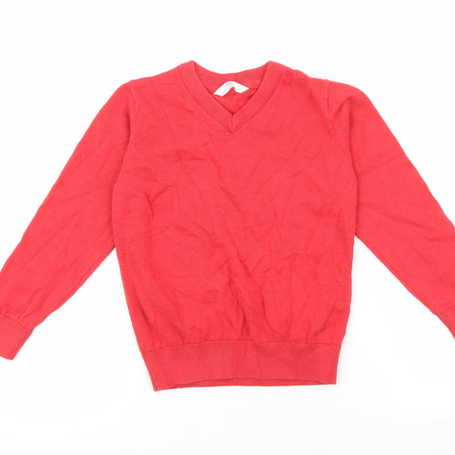 Marks and Spencer Girls Red V-Neck 100% Cotton Pullover Jumper Size 5-6 Years Pullover