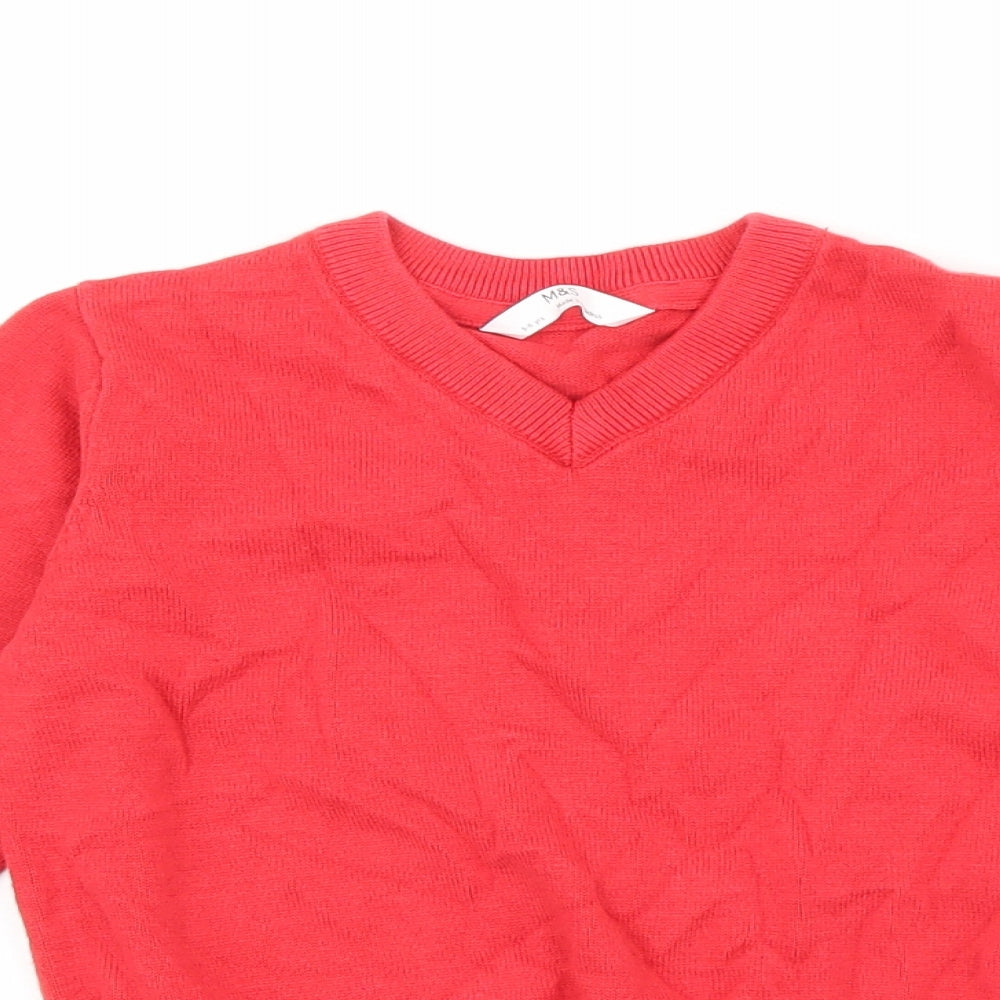 Marks and Spencer Girls Red V-Neck 100% Cotton Pullover Jumper Size 5-6 Years Pullover