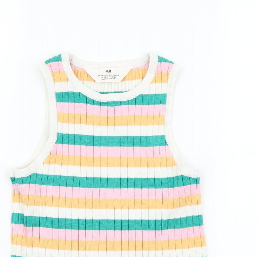 H&M Girls Multicoloured Striped Viscose Basic Tank Size 10-11 Years Round Neck Pullover