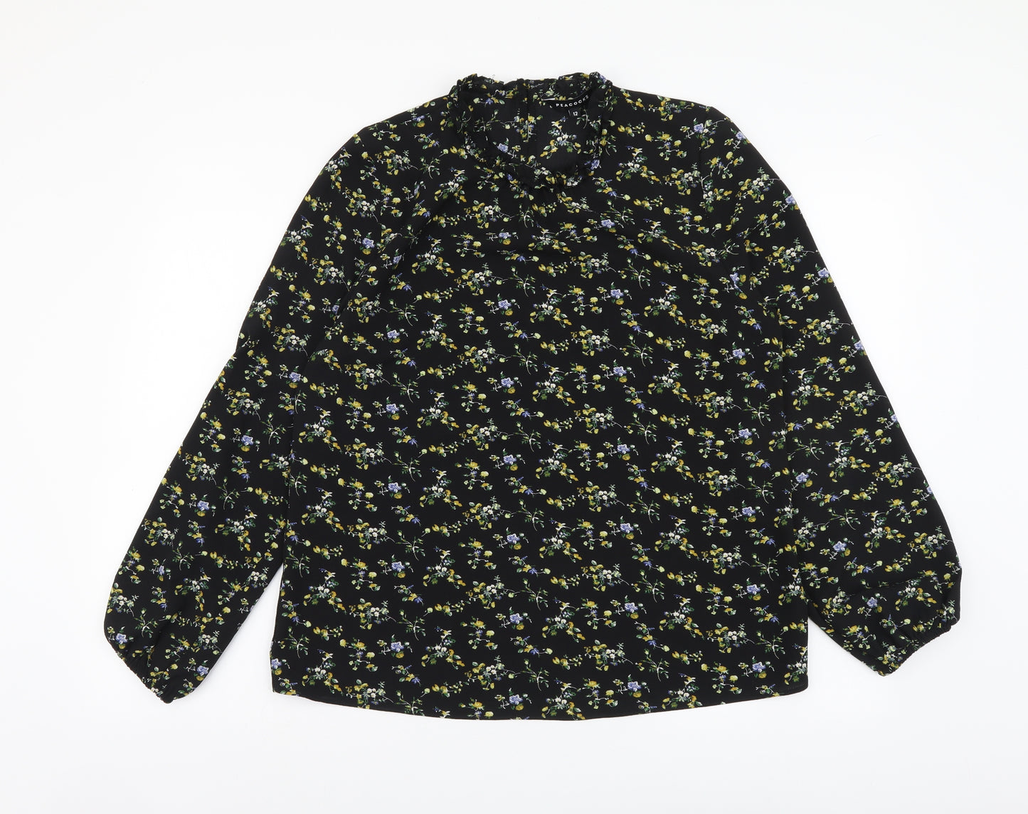 Peacocks Womens Black Floral Polyester Basic Blouse Size 12 Round Neck