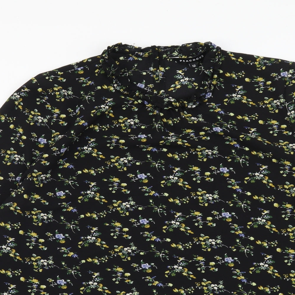 Peacocks Womens Black Floral Polyester Basic Blouse Size 12 Round Neck