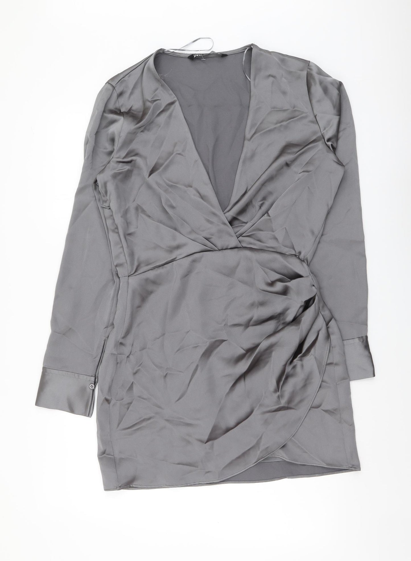 Zara Womens Grey Polyester Shirt Dress Size M V-Neck Zip