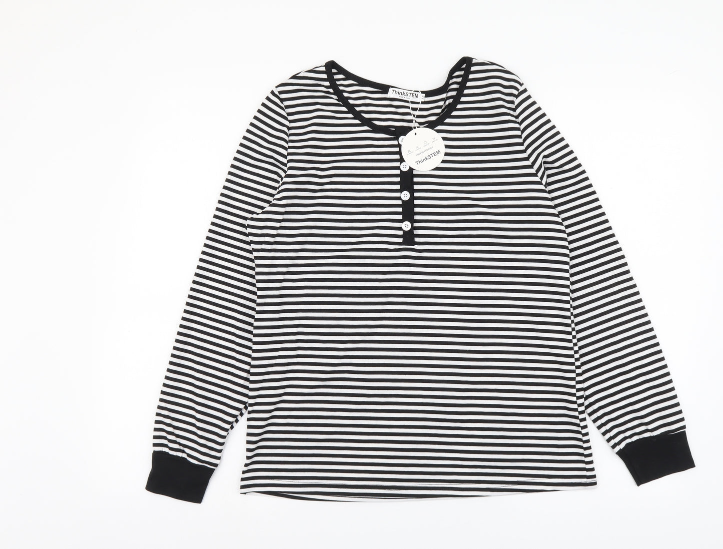 ThinkSteam Womens Black Striped Polyester Basic T-Shirt Size M Round Neck