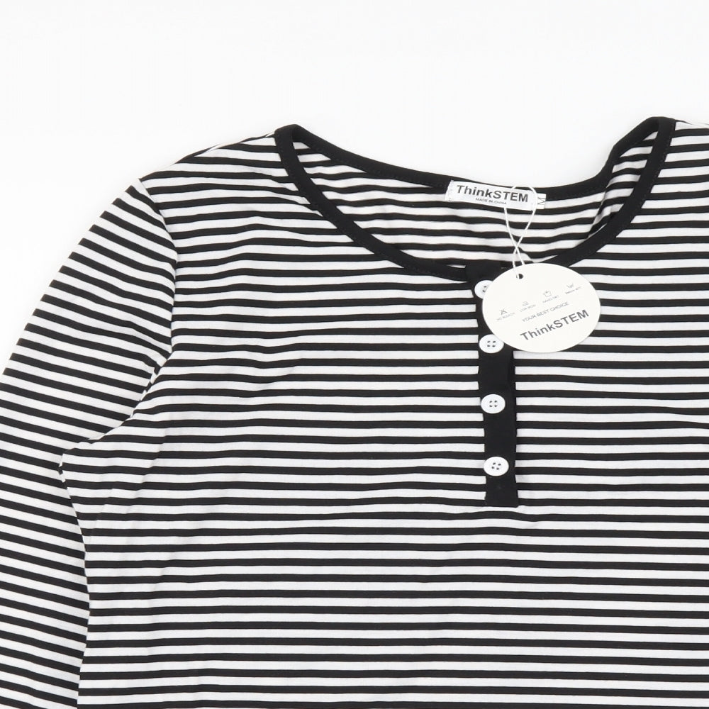 ThinkSteam Womens Black Striped Polyester Basic T-Shirt Size M Round Neck