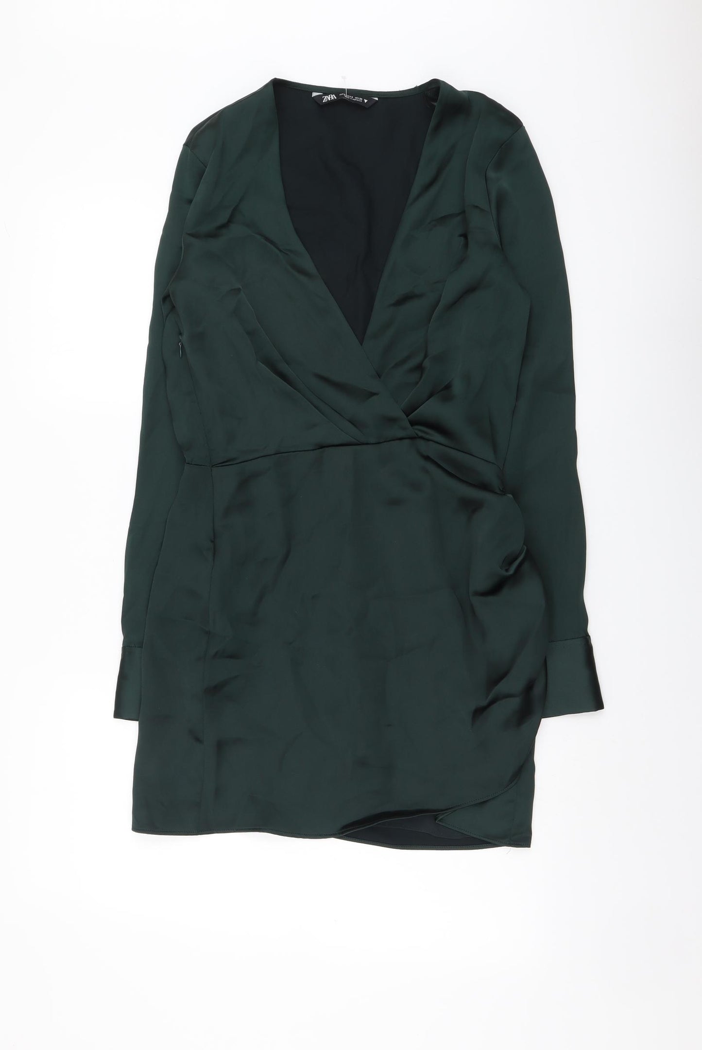 Zara Womens Green Polyester Shift Size S V-Neck Zip