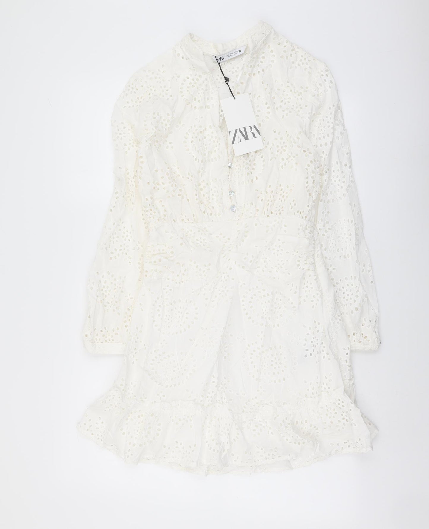 Zara Womens White Geometric Cotton A-Line Size M V-Neck Button