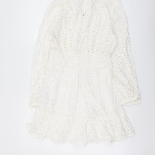 Zara Womens White Geometric Cotton A-Line Size M V-Neck Button