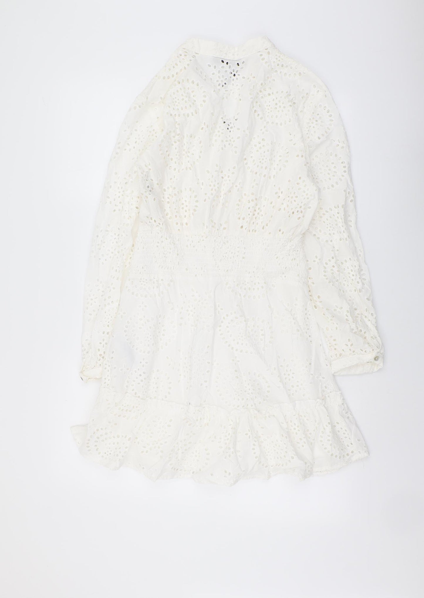 Zara Womens White Geometric Cotton A-Line Size M V-Neck Button