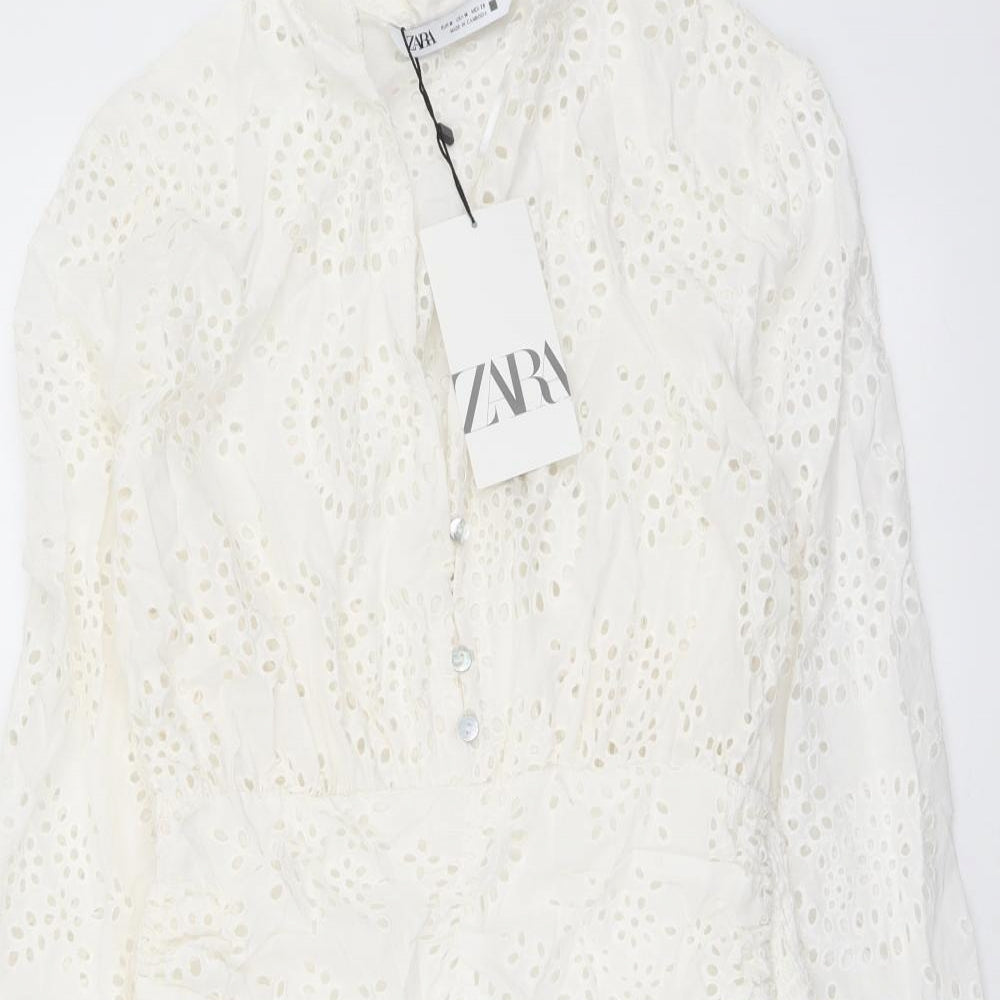 Zara Womens White Geometric Cotton A-Line Size M V-Neck Button