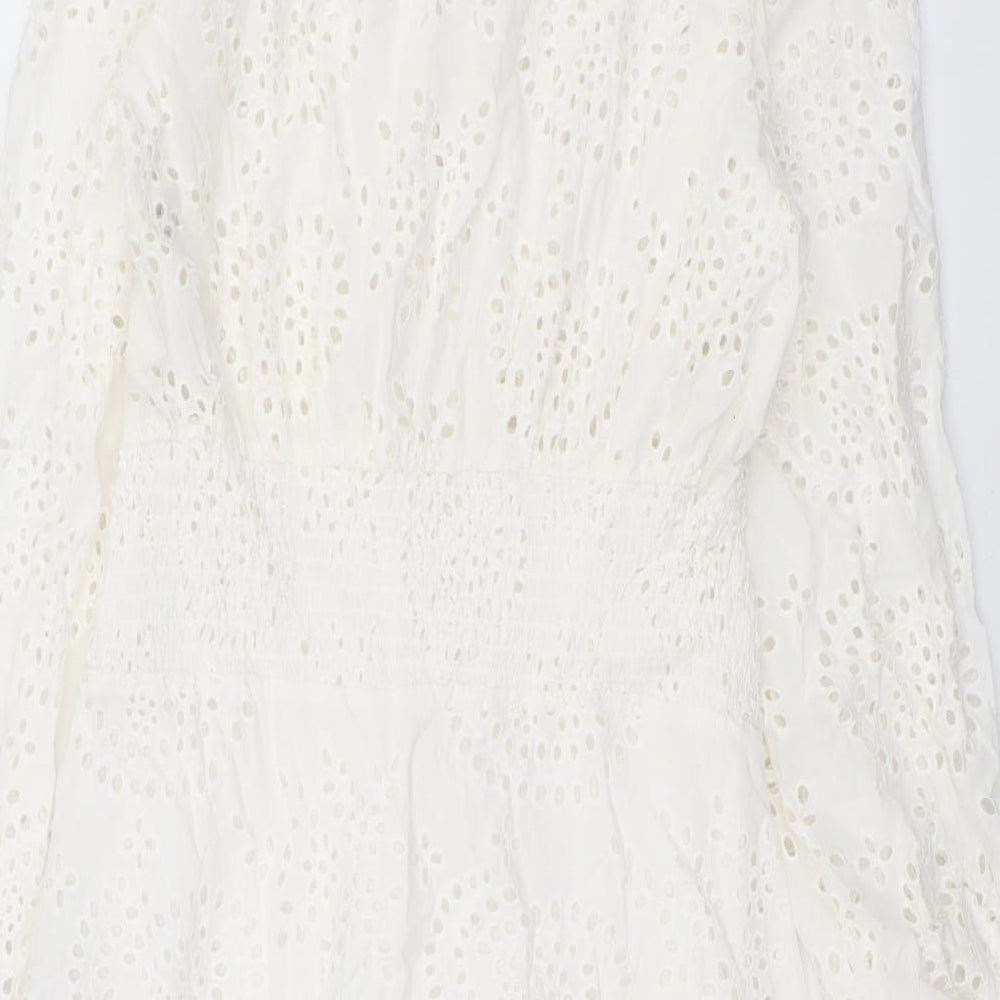 Zara Womens White Geometric Cotton A-Line Size M V-Neck Button