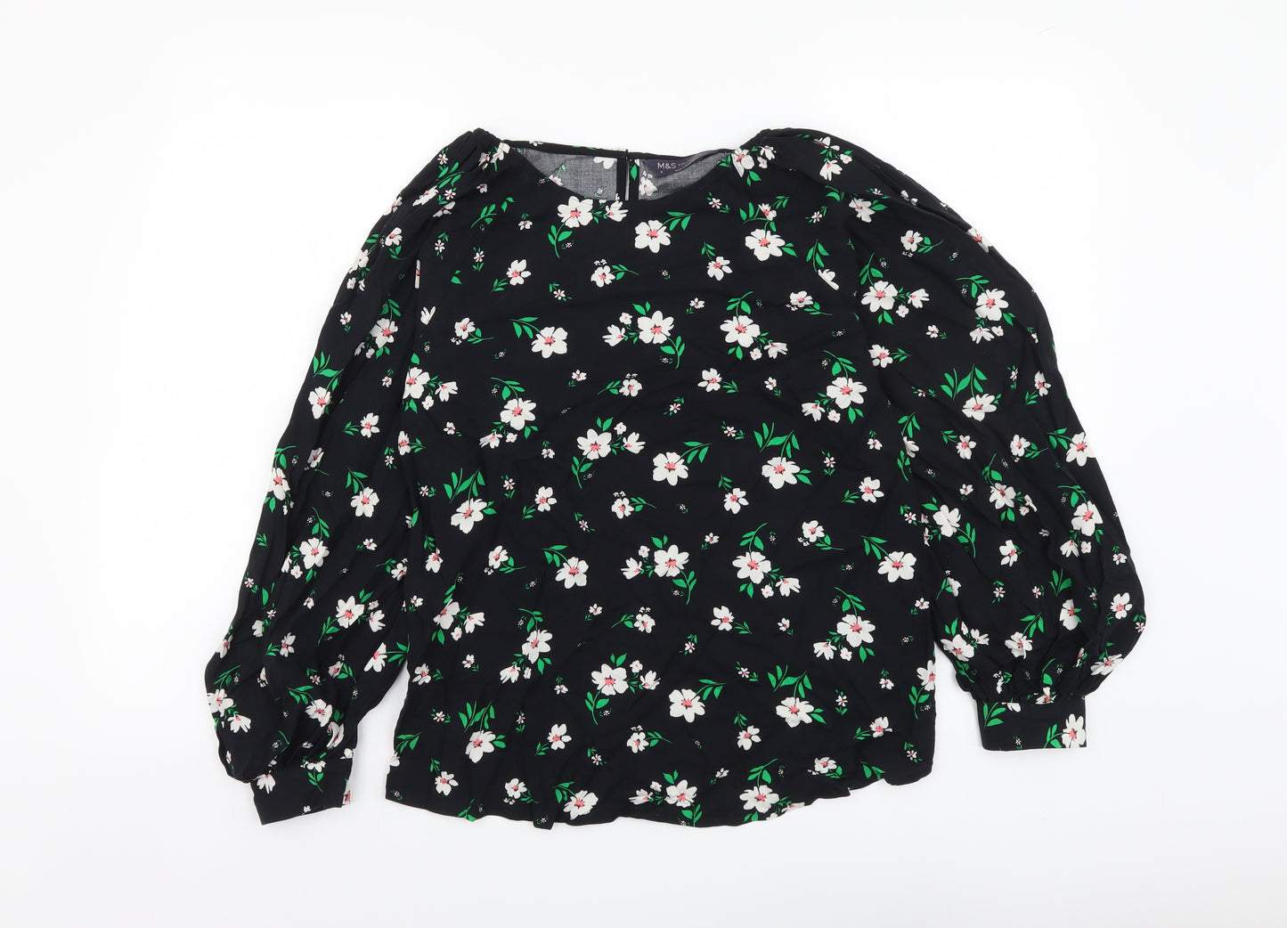 Marks and Spencer Womens Black Floral Viscose Basic Blouse Size 6 Round Neck