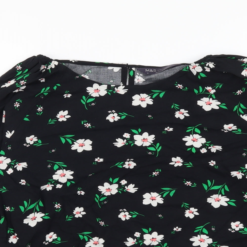 Marks and Spencer Womens Black Floral Viscose Basic Blouse Size 6 Round Neck