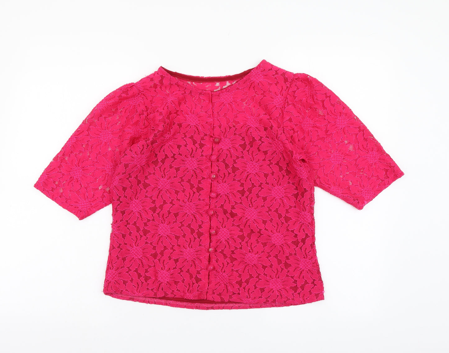 Preworn Womens Pink Floral Polyester Basic Blouse Size L Round Neck