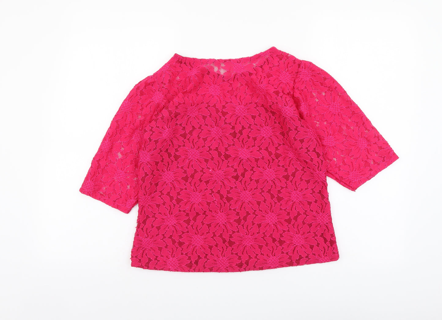 Preworn Womens Pink Floral Polyester Basic Blouse Size L Round Neck